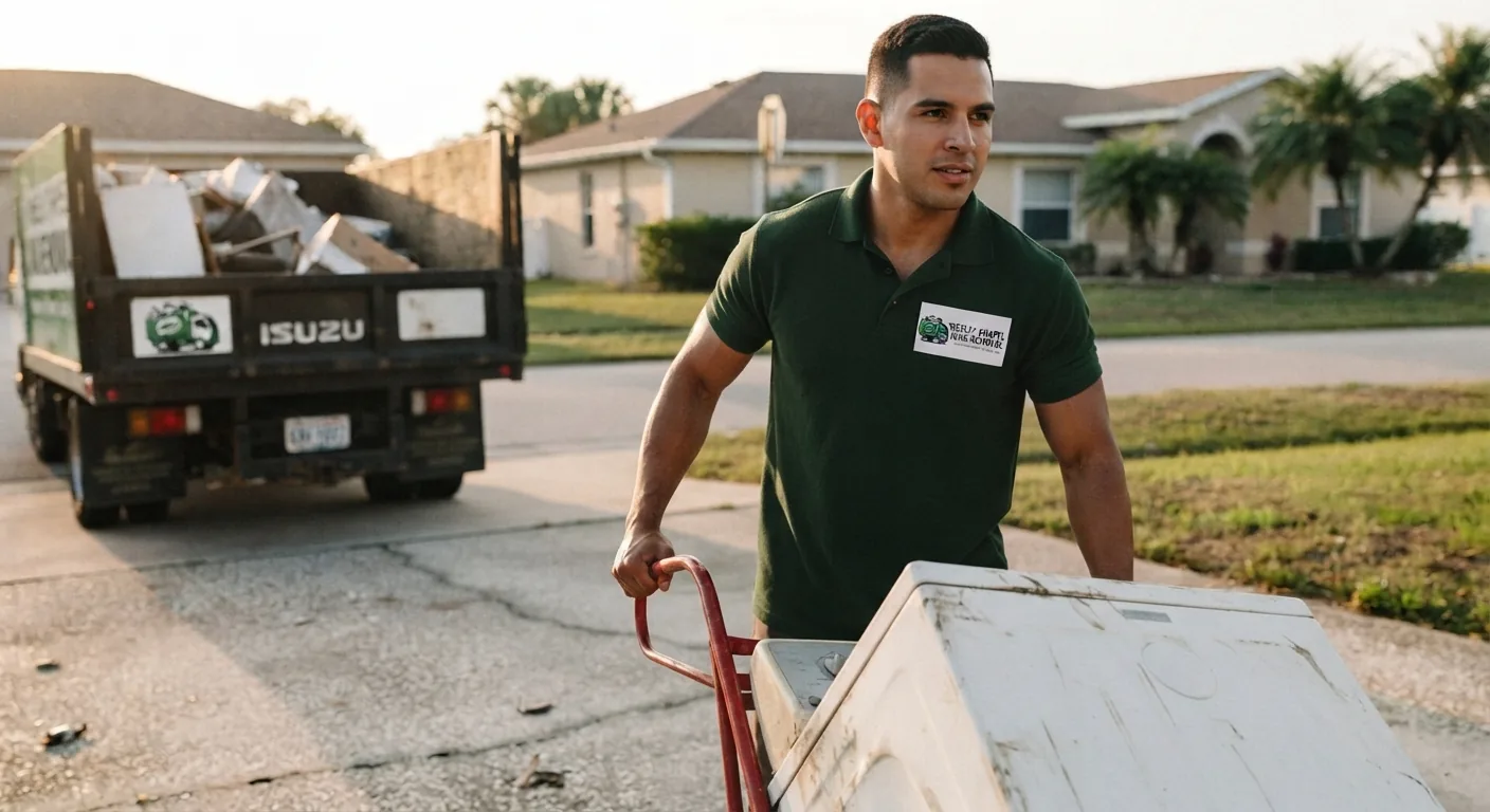 Crew loading an old appliance onto the truck during mattress disposal in Tampa, FL